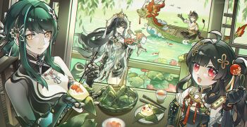 1boy 3girls :d absurdres ahoge artist_name asymmetrical_bangs baggy_pants bare_legs bird black_dress black_eyes black_hair black_pants blush boat bowl bracelet breasts chair changyu:_qilin_(ginkgo_ridge)_(pgr) changyu_(pgr) charm_(object) chinese_clothes chinese_commentary chopsticks cleavage commentary_request cup dragon_boat dragon_boat_festival dress egg_yolk fish floating_hair flower flower_hairclip food gold_necklace green_eyes green_hair guan_hat hair_intakes hanying:_solacetune_(pgr) hanying_(pgr) highres holding holding_charm holding_chopsticks holding_food holding_kite horns jewelry kite koi lantern_hair_ornament long_hair looking_at_viewer lotus lotus_leaf mandarin_collar mechanical_arms multiple_girls necklace official_alternate_costume one_eye_closed open_mouth pants plate pond pulao:_dragontoll_(pgr) pulao_(pgr) punishing:_gray_raven qu:_shukra_(pgr) qu_(pgr) railing red_eyes ripples shirt short_hair single_bare_arm single_horn sitting smile table tail teacup teapot teeth ting_zhi_yue two-tone_dress updo upper_teeth_only very_long_hair water watercraft white_dress white_shirt willow yellow_eyes zongzi