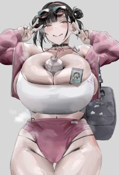 1girl absurdres aircraft airplane between_breasts black_hair blush bottle bottle_between_breasts breasts buruma character_name choker commentary_request cowboy_shot double_bun double_v drinking_straw earrings eyewear_on_head gigantic_breasts gluteal_fold goddess_of_victory:_nikke hair_bun highres id_card jacket jewelry long_sleeves looking_at_viewer mole mole_on_thigh multiple_rings navel_peek official_alternate_costume panties pink_buruma pink_jacket ring simple_background snake_earrings solo sora_(nikke) sora_(spring_flight)_(nikke) sports_bra sunglasses thick_thighs thighs thong thong_panties tight_clothes undersized_breast_cup underwear v water_bottle white_sports_bra yoric9266