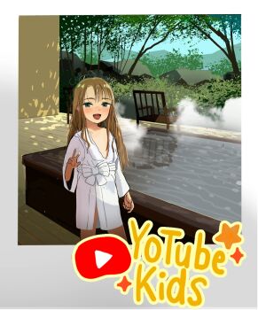 1girl absurdres aoife_campbell_(masuda_(yousaytwosin)) bathrobe blush chair child green_eyes green_hair highres hot_tub long_hair looking_at_viewer masuda_(yousaytwosin) messy_hair mountainous_horizon open_mouth original pornstar smile solo steam tree w wavy_hair wooden_floor youtube youtube_logo