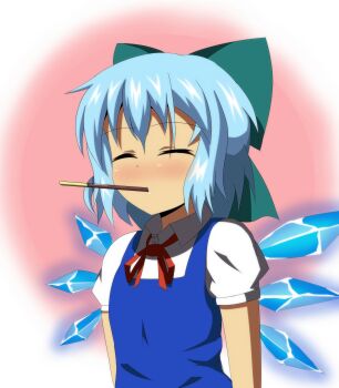 Rule 34 | 1girl, blue dress, blue hair, cirno, closed eyes, commentary request, dress, female focus, food, highres, mouth hold, pocky, pocky day, puffy short sleeves, puffy sleeves, red neckwear, red ribbon, ribbon, short hair, short sleeves, solo, touhou, wings, yatsuchi (mi)