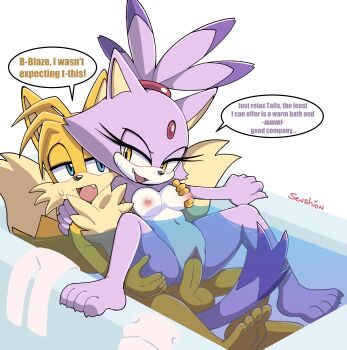1boy 1girl absurdres animal_ears artist_name barefoot bathtub blaze_the_cat blue_eyes breasts cat_ears cat_girl cat_tail commission english_text fang feet fox_boy fox_ears fox_tail furry furry_female furry_male furry_with_furry grabbing_another's_breast groping hetero highres medium_breasts mixed-sex_bathing navel nipples nude open_mouth partially_submerged penis pussy senshionart sex sex_from_behind shared_bathing shota soles sonic_(series) speech_bubble spread_legs sweatdrop tail tails_(sonic) testicles toes uncensored vaginal water yellow_eyes yellow_fur