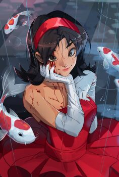 bare_shoulders black_hair blood blood_on_clothes blood_on_face breasts brown_eyes closed_mouth dress elbow_gloves frilled_dress frills gloves hair_between_eyes hairband hand_on_own_cheek hand_on_own_chest hand_on_own_face highres kirigoe_mima koi medium_breasts medium_hair parted_bangs perfect_blue pimozzarella rain red_dress red_hairband smile strapless strapless_dress upper_body white_gloves