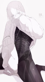 1girl android black_skin bone breasts colored_skin commentary eurica_(ub1mo) exposed_bone full_body highres joints large_breasts long_hair looking_at_viewer multicolored_skin original ribs robot_girl see-through_body skeleton solo sweater two-tone_skin ub1mo very_long_hair white_hair white_skin yellow_eyes