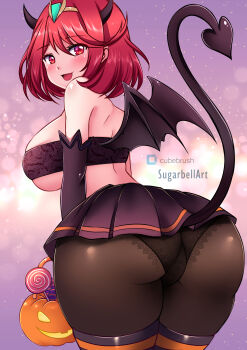 1girl absurdres ass black_bra black_gloves black_panties black_pantyhose black_skirt black_thighhighs blush bra breasts bubble_background candy demon_girl demon_horns demon_tail demon_wings floral_print food from_behind gloves halloween halloween_bucket halloween_costume headpiece highres holding horns lace lace-trimmed_panties lace_trim large_breasts leaning_forward light_particles lollipop looking_at_viewer looking_back nintendo open_mouth panties panties_under_pantyhose pantyhose print_bra purple_background pyra_(xenoblade) red_eyes red_hair short_hair skirt smile standing strapless strapless_bra sugarbell tail thighhighs underboob underwear wings xenoblade_chronicles_(series) xenoblade_chronicles_2