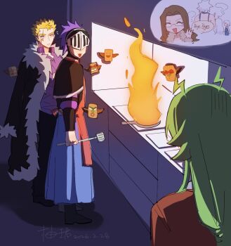 3girls 4boys apron bixlow_(fairy_tail) black_pants black_shoes blonde_hair blue_skirt brown_hair cape chocolate_making_disaster_(meme) coat commentary elfman_strauss evergreen_(fairy_tail) fairy_tail fried_justine from_behind frying_pan fur-trimmed_coat fur_trim glasses green_hair helmet highres jacket kitchen laxus_dreyar lisanna_strauss long_hair long_sleeves meme mirajane_strauss multiple_boys multiple_girls pants purple_shirt red_apron red_jacket scar scar_on_face shirt shoes siblings skirt spatula spiked_hair tongue tongue_out waving white_hair youjun_zzz
