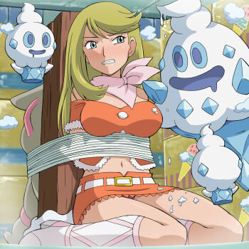1girl bandana bdsm blonde_hair blue_eyes bondage boots bound breasts gen_5_pokemon kneeling large_breasts linda_(pokemon) long_hair navel nintendo panties pantyshot pink_bandana pokemoa pokemon pokemon_(anime) pokemon_(creature) pokemon_bw_(anime) scarf skirt timburr underwear upskirt vanillish vanillite