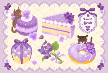 Rule 34 | baby animal, cake, cake slice, cat, cupcake, dessert, donut, english text, faux traditional media, food, food focus, kitten, macaron, moco (11504), original, pastry, petals, petunia (flower), purple theme, ribbon, sweets, ube (food)