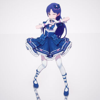 1girl 3d autodesk_3ds_max_(medium) blender_(medium) blue_bow blue_bowtie blue_choker blue_dress blue_hair blue_shoes bow bowtie brown_eyes ch2haya_p choker closed_mouth dress dress_bow frilled_choker frills full_body gloves hair_bow hands_up heart heart_hands highres idolmaster idolmaster_(classic) kisaragi_chihaya light_smile long_hair looking_at_viewer magical_girl one_eye_closed puffy_short_sleeves puffy_sleeves raised_inner_eyebrows reflective_floor shoes short_sleeves solo standing thighhighs white_background white_gloves white_thighhighs zbrush_(medium)