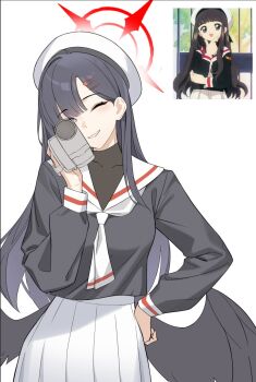 1girl beret black_hair black_sailor_collar blue_archive camera cardcaptor_sakura daidouji_tomoyo dong_(art_woodong) feathered_wings grin hair_ornament hairpin halo hand_on_own_hip hat highres holding holding_camera ichika_(blue_archive) long_hair neckerchief one_eye_closed red_halo reference_request sailor_collar school_uniform screenshot_inset simple_background skirt smile solo tomoeda_elementary_school_uniform white_background white_neckerchief white_skirt wings