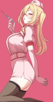 1girl absurdres black_thighhighs blonde_hair breasts commentary_request from_side hat highres holding holding_syringe idolmaster idolmaster_cinderella_girls kurosaki_chitose large_breasts long_hair nurse nurse_cap pink_background red_eyes simple_background solo syringe tantei001 thighhighs twintails