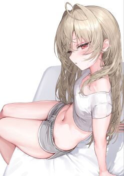 1girl ahoge blonde_hair breasts commentary_request crop_top dolphin_shorts drawstring from_side frown grey_shorts hair_intakes highres iruka3 long_hair looking_at_viewer looking_to_the_side micro_shorts midriff navel original parted_lips red_eyes shirt short_shorts short_sleeves shorts simple_background sitting small_breasts solo stomach sweatdrop thighs white_background white_shirt