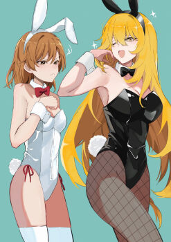 Rule 34 | 2girls, ;d, adjusting hair, alternate costume, animal ear hairband, animal ears, black bow, black bowtie, black leotard, black vs white, blonde hair, bow, bowtie, breast envy, breasts, brown eyes, brown hair, cleavage, commentary request, detached collar, fake animal ears, fake tail, female focus, fishnet pantyhose, fishnets, green background, hair between eyes, hairband, height difference, highleg, highleg leotard, highres, large breasts, leotard, long hair, medium hair, misaka mikoto, multiple girls, one eye closed, open mouth, pantyhose, playboy bunny, rabbit ear hairband, rabbit ears, rabbit tail, red bow, red bowtie, shokuhou misaki, side-tie leotard, simple background, small breasts, smile, sparkle, sparkling eyes, strapless, strapless leotard, tail, ten 8810, thighhighs, toaru kagaku no railgun, toaru majutsu no index, very long hair, white leotard, white thighhighs, white wrist cuffs, wrist cuffs, yellow eyes