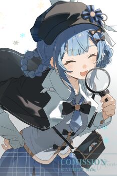 1girl :d absurdres artist_request black_bag black_bow black_capelet black_hat blue_hair blue_skirt blunt_bangs bow braid braided_hair_rings capelet chinese_commentary closed_eyes collared_shirt commentary_request commission cowboy_shot deerstalker detective facing_viewer fang grey_background grey_vest hair_bow hair_rings hand_on_own_hip hand_up hat highres holding holding_magnifying_glass leaning_forward long_sleeves magnifying_glass mahou_shoujo_no_majo_saiban open_mouth plaid_clothes plaid_skirt pleated_skirt sample_watermark second-party_source shirt short_hair skirt smile solo tachibana_sherry vest watermark white_shirt