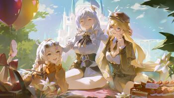Rule 34 | 3girls, absurdres, ahoge, azuria03, black necktie, blonde hair, breasts, cake, cecilia schariac, cleavage, closed eyes, closed mouth, commentary request, durandal (honkai impact), eyewear on head, food, hair between eyes, headpat, highres, honkai (series), honkai impact 3rd, kiana kaslana, long hair, long hair between eyes, long sleeves, looking at another, lying, mixed-language commentary, mother and child, mother and daughter, multiple girls, necktie, on stomach, outdoors, parent and child, parted lips, second-party source, shoes, siblings, sisters, sitting, sky, smile, sunglasses, the pose, white hair, white shoes