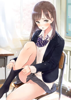 Rule 34 | 1girl, black jacket, black socks, blush, bow, brown eyes, brown hair, cardigan, chair, collared shirt, commentary request, curtains, day, desk, diagonal-striped bow, dress shirt, dressing, flower, fujita hidetoshi, grey skirt, indoors, jacket, knee up, long hair, long sleeves, looking at viewer, no shoes, on chair, open clothes, open jacket, original, parted lips, petals, pink flower, pleated skirt, purple bow, school chair, school desk, school uniform, shirt, skirt, socks, solo, striped bow, transparent, white cardigan, white shirt, window
