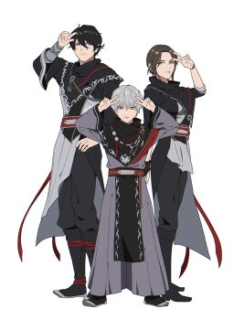 1girl 2boys absurdres bailuan_(shin_sangoku_musou) black_hair black_pantyhose black_shoes blue_eyes brown_eyes brown_hair chinese_clothes double_v full_body grey_eyes grey_hair grey_pants hair_between_eyes hand_on_own_hip highres igusaharu light_frown light_smile multiple_boys pants pantyhose parted_lips shin_sangoku_musou shin_sangoku_musou_origins shoes short_hair standing updo v wavy_hair white_background zhuhe_(shin_sangoku_musou) ziluan_(shin_sangoku_musou)