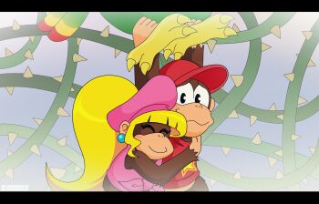 Rule 34 | 1girl, 2boys, ^ ^, absurdres, baseball cap, beret, bird, black eyes, blonde hair, brown fur, chimpanzee, closed eyes, closed mouth, couple, cuddling, diddy kong, dixie kong, donkey kong (series), donkey kong country 2, feathers, green feathers, hat, highres, hug, leg grab, light blush, long hair, monkey boy, multiple boys, nico-neko, nintendo, no humans, no pants, parrot, pink hat, ponytail, red hat, red shirt, shirt, sleeveless, sleeveless shirt, smile, squawks, star (symbol), star print, thorns, tied shirt, very long hair, wavy mouth