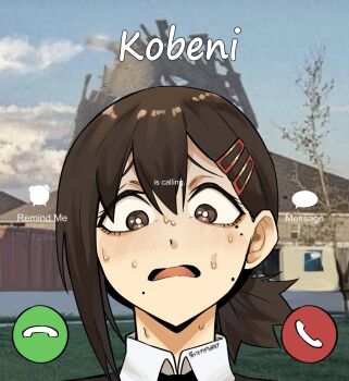 1girl black_hair chainsaw_man hair_ornament hairclip higashiyama_kobeni highres mole mole_under_eye pastepiphany photo_background screen solo sweat