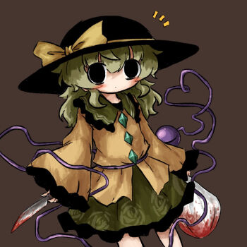 1girl bag black_eyes black_hat blood bloody_knife blush bow brown_background buttons closed_mouth commentary_request contrast_collar cowboy_shot diamond_button dot_mouth floral_print frilled_shirt_collar frills green_hair green_skirt hat hat_bow hat_ribbon heart heart_of_string heripantomorrow holding holding_bag holding_knife knife komeiji_koishi long_sleeves looking_at_viewer medium_hair notice_lines plastic_bag print_skirt ribbon rose_print shirt simple_background skirt sleeves_past_wrists solo standing third_eye touhou wide_sleeves yellow_bow yellow_ribbon yellow_shirt