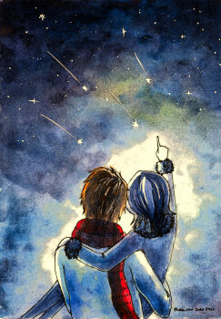 Rule 34 | 1boy, 1girl, absurdres, black hair, bleach, carrying, couple, hetero, highres, kuchiki rukia, kurosaki ichigo, night, orange hair, painting (medium), princess carry, scarf, short hair, sky, traditional media, watercolor (medium), yuria-chu