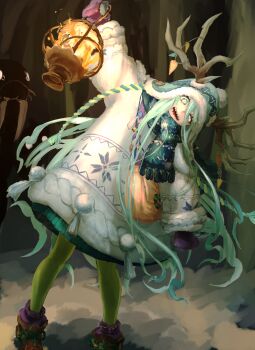 1girl absurdres antler_ornament antlers horns_through_headwear beanie blue_hat blue_scarf earflap_beanie fate/grand_order fate_(series) fujigaya_seizo green_eyes hair_between_eyes hat highres holding holding_lantern horns lantern long_hair long_sleeves looking_at_viewer louhi_(fate) louhi_(second_ascension)_(fate) mittens open_mouth pantyhose pom_pom_(clothes) pom_pom_beanie purple_mittens scarf sharp_teeth smile solo sweater teeth very_long_hair white_eyes white_sweater woollen_cap yellow_pantyhose