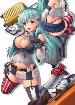 2girls amatsukaze_(kancolle) amatsukaze_(kancolle)_(cosplay) aqua_hair areola_slip ass asymmetrical_legwear awa_yume blue_skirt blue_thighhighs breasts cleavage collar colorado_(kancolle) colorado_(kancolle)_(cosplay) cosplay elbow_gloves gloves green_eyes hair_ornament hairclip hand_on_own_chest hand_on_own_leg high_heels highres iowa_(kancolle) iowa_(kancolle)_(cosplay) kantai_collection kneeling large_breasts long_hair looking_at_viewer metal_collar midriff mismatched_legwear multiple_girls navel pleated_skirt red_legwear rolling_suitcase rudder_footwear shimakaze_(kancolle) shimakaze_(kancolle)_(cosplay) sideboob sidelocks simple_background skirt straight_hair striped_clothes striped_legwear striped_thighhighs suitcase suzuya_(kancolle) thighhighs thong vertical-striped_clothes vertical-striped_thighhighs white_background