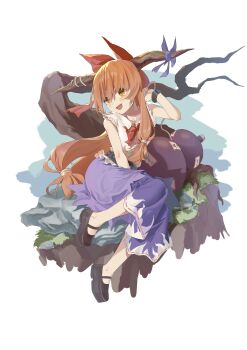 1girl absurdres bare_arms bilingual_commentary black_shoes blue_skirt blush bow bowtie chinese_commentary commentary gourd hair_bow highres horns ibuki_suika long_hair looking_to_the_side low-tied_long_hair mixed-language_commentary on_ground oni orange_hair outdoors red_bow red_bowtie shirt shoes sitting skirt sleeveless sleeveless_shirt smile solo torn_clothes torn_shirt touhou very_long_hair white_shirt yorange17