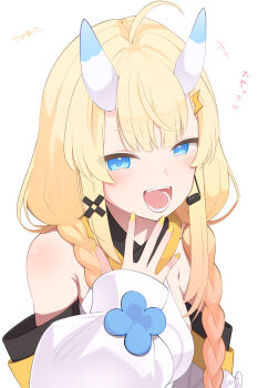 Rule 34 | +++, 1girl, absurdres, ahoge, bare shoulders, blonde hair, blue eyes, blue horns, blush, bow, braid, breasts, commentary request, detached sleeves, fangs, hair ornament, hair over shoulder, half-closed eyes, hand to own mouth, headset, highres, horns, japanese clothes, kadou mikaru, kimono, large breasts, lightning bolt, lightning bolt hair ornament, lightning bolt symbol, long sleeves, looking at viewer, low twin braids, multicolored horns, nail polish, nijisanji, no headwear, no jacket, open mouth, puffy long sleeves, puffy sleeves, scopedog 12, sidelocks, signature, simple background, smile, solo, twin braids, two-tone horns, upper body, virtual youtuber, white background, white bow, white horns, white kimono, x hair ornament, yellow nails
