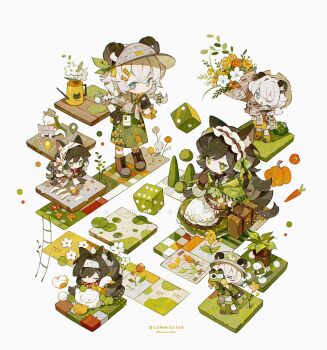 2girls ;d animal_ear_fluff animal_ears black_gloves black_hair blue_eyes boots braid bright_pupils brown_boots cat_ears cat_girl chibi chibi_only closed_mouth collared_shirt commission crossed_bangs dice double-parted_bangs dress frilled_hairband frills full_body gloves green_dress green_eyes green_skirt grey_socks hair_between_eyes hairband highres horns kanae_(cookie) lace-up_boots long_hair multiple_girls multiple_views necktie one_eye_closed open_mouth original red_hairband ribbed_socks sheep_girl sheep_horns shirt short_sleeves simple_background sitting skirt smile socks standing twin_braids twitter_username white_background white_hair white_necktie white_pupils white_shirt