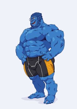 1boy :d bara beard beast_(x-men) blue_hair blue_skin body_fur bulge colored_skin facial_hair full_beard glasses highres large_pectorals looking_at_viewer male_focus marvel mature_male monster_boy muscular muscular_male navel nipples open_mouth pectorals pointy_ears short_hair short_shorts shorts smile solo standing stomach strongman_waist tachi-e taoren thick_beard thick_thighs thighs topless_male x-men