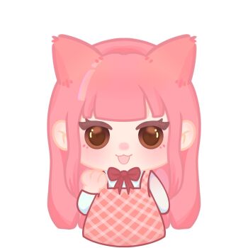 Rule 34 | 1girl, animal ears, arm behind back, bloom poetry (shining nikki), blunt bangs, blunt ends, bow, bowtie, brown eyes, cat ears, cat girl, chibi, chinese commentary, commentary request, cropped legs, double-parted bangs, dress, extra ears, eyelashes, hand up, happy, highres, kemonomimi mode, light blush, long hair, long sleeves, nikki (nikki), nikki (series), nyk37, open mouth, pinafore dress, pink dress, pink hair, plaid clothes, plaid dress, red bow, red bowtie, shining nikki, shirt, sidelocks, simple background, sleeveless, sleeveless dress, smile, solo, straight-on, variant set, very long hair, white background, white shirt