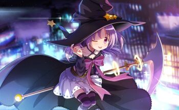 1girl ;p artist_request bare_shoulders belt belt_buckle black_hat black_shirt black_thighhighs bow bowtie brown_belt buckle city closed_mouth cloud collarbone criss-cross_straps dot_nose feet_out_of_frame floating floating_clothes floating_hair game_cg gem gleam gold_buckle hand_on_headwear hat hat_ornament highres holding holding_scythe light_blush light_particles long_hair looking_at_viewer magia_record:_mahou_shoujo_madoka_magica_gaiden magical_girl mahou_shoujo_madoka_magica mahou_shoujo_madoka_magica_magia_exedra miniskirt misono_karin night night_sky off-shoulder_shirt off_shoulder official_art one_eye_closed orange_gemstone outdoors parted_bangs pink_bow pink_bowtie pink_eyes pleated_skirt purple_hair purple_sky purple_thighhighs scythe shirt side_slit skirt sky smile solo star_(symbol) star_hat_ornament star_print striped_clothes striped_thighhighs tareme thighhighs tongue tongue_out two-tone_thighhighs two_side_up white_skirt witch_hat