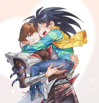 Rule 34 | 2boys, black hair, black pants, black shirt, blue eyes, blue pants, blue shirt, blush, brothers, brown hair, closed eyes, coat, denim, highres, hug, kaiba mokuba, kaiba seto, male focus, moemoenomori, multiple boys, one eye closed, pants, shirt, siblings, striped clothes, striped shirt, vest, white coat, yellow vest, yu-gi-oh!, yu-gi-oh! duel monsters