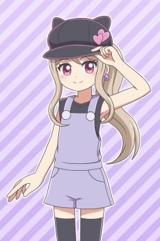 1girl arm_up bandai black_hat black_shirt black_thighhighs blush broadcaster_connection buttons closed_mouth cocotama_(series) commentary company_connection cosplay cowboy_shot dot_nose earrings hair_between_eyes hand_on_own_hat hat hat_ornament heart heart_hat_ornament highres jewelry kamisama_minarai:_himitsu_no_cocotama kato-shun long_hair looking_at_viewer melodytchi melodytchi_(cosplay) overalls pink_eyes purple_background purple_overalls sakurai_nozomi_(kamisama_minarai) shirt sleeveless sleeveless_shirt smile solo standing striped_background tamagotchi tamagotchi!_(anime) teardrop_earrings thighhighs tv_tokyo