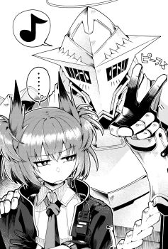 ... 1boy 1girl annoyed arknights armor closed_eyes collared_shirt commentary_request fiammetta_(arknights) greyscale half-closed_eyes halo hand_on_another's_shoulder helmet high_bridge_kai highres jacket jitome looking_at_another monochrome musical_note necktie sankta_miksaparato_(arknights) shirt short_hair spoken_ellipsis spoken_musical_note upper_body v