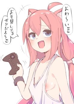 1girl ahoge animal_ear_fluff animal_ears blush breasts cat_ears controller fang game_controller hair_ornament hairband hinata_channel holding holding_controller holding_game_controller long_hair looking_up loose_clothes loose_shirt low_twintails mizuame_bakuhatsu nekomiya_hinata nipple_slip nipples open_mouth pink_eyes pink_hair shirt sideboob small_breasts smug solo speech_bubble tank_top twintails virtual_youtuber white_background white_shirt white_tank_top wristband