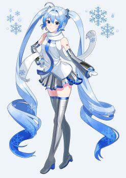 1girl absurdres ahoge arm_tattoo blue_eyes blue_hair blue_necktie blue_trim blush boots closed_mouth commentary_request detached_sleeves full_body grey_skirt hair_between_eyes hair_ornament hatsune_miku highres long_hair long_sleeves looking_at_viewer mittens necktie number_tattoo official_alternate_costume scarf simple_background skirt smile snowflake_print snowflakes solo tattoo tatyaoekaki thick_thighs thigh_boots thighhighs thighs twintails very_long_hair vocaloid white_background white_mittens white_scarf wide_sleeves yuki_miku yuki_miku_(2011) zettai_ryouiki