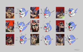 absurdres artist_name blue_eyes dated derivative_work grey_background gundam gundam_00_sky gundam_build_divers head highres i.takashi mecha meme no_humans photo_inset quality reference_inset robot screenshot_inset v-fin