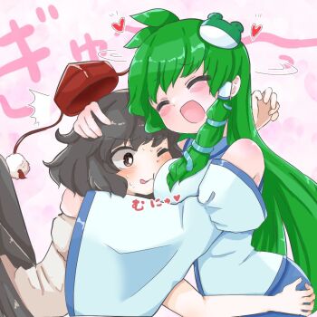 2girls bird_wings blue_skirt blush closed_eyes commentary_request detached_sleeves frog_hair_ornament green_hair hair_ornament hair_tubes hat heart hug kochiya_sanae long_hair multiple_girls one_eye_closed pom_pom_(clothes) red_hat shameimaru_aya shirt single_hair_tube skirt snake_hair_ornament sweat tanikake_yoku tokin_hat touhou translation_request very_long_hair white_shirt wings yuri