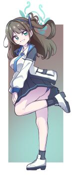 1girl absurdres airi_(blue_archive) aris_(blue_archive) aris_(blue_archive)_(cosplay) black_skirt blue_archive blue_necktie blue_panties brown_hair cosplay green_eyes green_halo halo highres jacket long_hair long_sleeves looking_at_viewer necktie one_side_up panatisia panties shirt simple_background skirt smile solo underwear very_long_hair white_background white_jacket white_shirt