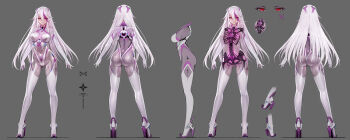 Rule 34 | 1girl, android, arms at sides, reference sheet, commentary request, full body, grey background, hair between eyes, high heels, highres, long hair, looking at viewer, multicolored hair, multiple views, original, purple hair, red eyes, resolution mismatch, revealing clothes, ribs, science fiction, skeleton, source larger, spine, streaked hair, see-through body, transparent, white hair, zhuore zhi hen