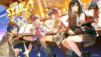 1other 3girls animal_ears arknights artist_request black_choker black_hair black_jacket blue_hair chair character_request chinese_commentary choker closure_(arknights) commentary_request conviction_(arknights) conviction_(your_superconvicting_friend)_(arknights) drone flametail_(arknights) flametail_(sport_for_all)_(arknights) grey_hat grey_jacket hat highres jacket kirara_(arknights) kirara_(trendsetting_player)_(arknights) long_hair lossy-lossless multiple_girls official_alternate_costume official_art on_chair orange_eyes orange_hair pink_hair pink_jacket pointy_ears red_eyes shirt shorts sitting smile squirrel_ears squirrel_girl squirrel_tail tail thighs white_shirt white_shorts