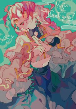 1girl :d black_skirt blue_background chinese_knot commentary commission cowboy_shot crop_top earrings highres jewelry long_hair long_sleeves looking_afar midriff navel open_mouth original pink_eyes pink_hair pink_shirt shinjitsu_no_kuchi shirt skeb_commission skirt smile solo wide_sleeves