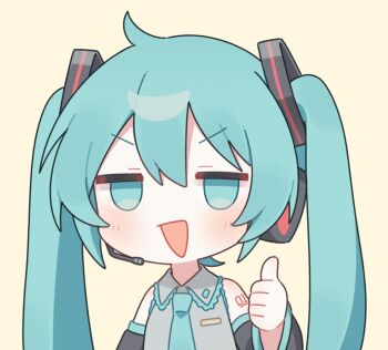 1girl :d ahoge bare_shoulders black_sleeves blue_eyes blue_hair blush collared_shirt commentary detached_sleeves grey_shirt hatsune_miku long_hair long_sleeves meroharome open_mouth shirt simple_background sleeveless sleeveless_shirt smile solo symbol-only_commentary twintails upper_body v-shaped_eyebrows vocaloid yellow_background