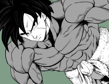 1boy bodysuit broly_(dragon_ball_super) bulge commentary covered_abs dragon_ball dragon_ball_super dragon_ball_super_broly dutch_angle facial_scar from_above furrowed_brow green_background greyscale_with_colored_background highres impossible_bodysuit impossible_clothes lee_(dragon_garou) male_focus muscular muscular_male scar scar_on_cheek scar_on_face serious solo upper_body v-shaped_eyebrows veins
