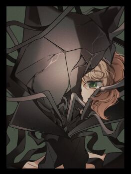 Rule 34 | 1girl, absurdres, black border, black mask, blonde hair, border, broken mask, commentary, covered mouth, cracked kawaii mask, cracked mask, druvis iii, film grain, green background, highres, looking at viewer, mask, one eye covered, portrait, reverse:1999, solo, symbol-only commentary, tearing up, unhyang