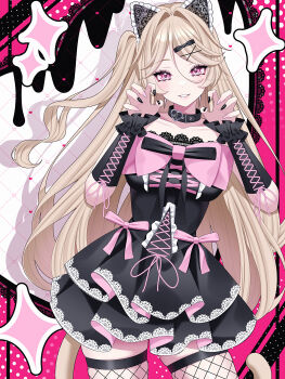 1girl absurdres animal_ears arms_up belt_collar black_dress black_nails blonde_hair blush breasts cat_tail claw_pose collar dot_nose dress fake_animal_ears fishnets frilled_cuffs hair_ornament hairclip heart heart_background highres long_hair multicolored_dress multicolored_nails nail_polish original parted_lips pink_dress pink_eyes pink_nails polka_dot polka_dot_background red_background ribbon side_ponytail skindentation smile solo tail very_long_hair wanko_(yurika0320)