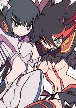 2girls absurdres black_hair blue_eyes boots breasts epaulettes gloves highres junketsu kamui_(kill_la_kill) kill_la_kill kiryuuin_satsuki large_breasts living_clothes long_hair looking_at_viewer matoi_ryuuko midriff multicolored_hair multiple_girls navel red_hair revealing_clothes senketsu short_hair siblings sisters skirt smile streaked_hair suspenders thick_eyebrows thigh_boots thighhighs two-tone_hair underboob yuateheng