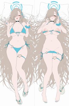1girl absurdres akita_hika asuna_(blue_archive) bed_sheet bikini blonde_hair blue_archive blue_bikini blue_eyes blue_halo blue_nails breasts choker commentary_request dakimakura_(medium) double_v hair_over_one_eye halo heart heart_o-ring heart_ring_swimsuit highres large_breasts long_hair lying nail_polish nipples o-ring on_back side-tie_bikini_bottom swimsuit thigh_strap unfinished v very_long_hair