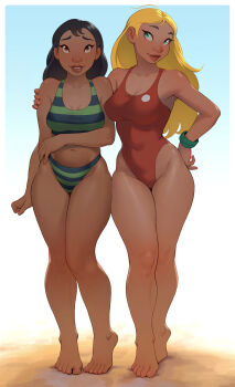 2girls arm_around_shoulder barefoot bikini black_hair blonde_hair breasts breasts_apart brown_eyes cheshirrr cleavage curvy dark-skinned_female dark_skin full_body green_bikini green_eyes highleg highleg_bikini highleg_one-piece_swimsuit highres lifeguard_(lilo_&amp;_stitch) lilo_&amp;_stitch long_hair medium_breasts multiple_girls nani_pelekai navel nervous_smile one-piece_swimsuit parted_lips red_one-piece_swimsuit shiny_skin smile standing striped_bikini striped_clothes swimsuit wide_hips
